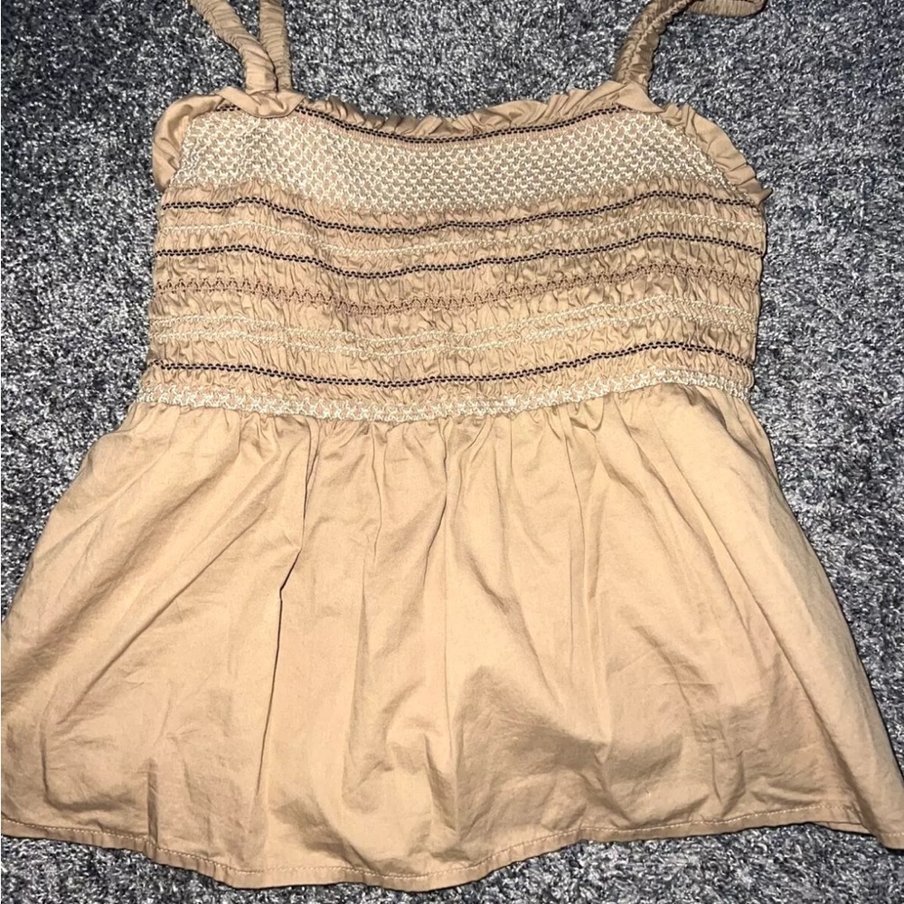 Women's Tan Beige Smocked Baby Doll Tank Top Size S